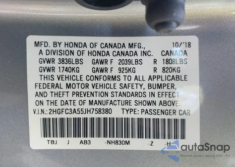 2018 Honda Civic Si из США, поврежденный, VIN 2HGFC3A55JH758380